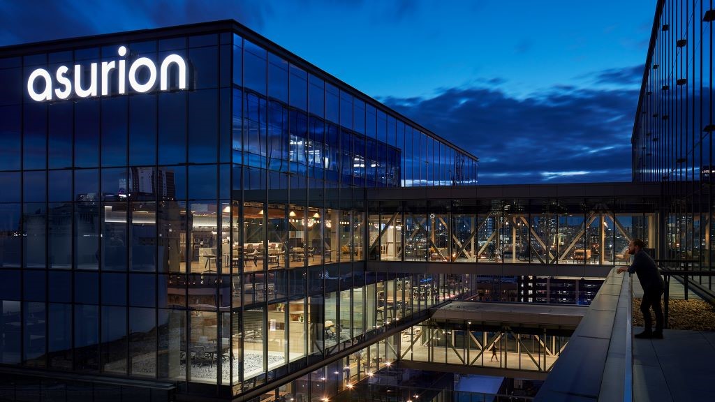 Asurion's Gulch headquarters photographed at night