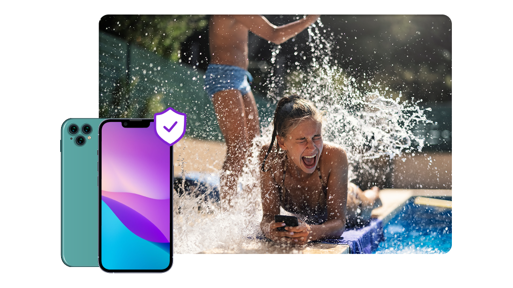 Girl gets splashed while scrolling on phone near swimming pool