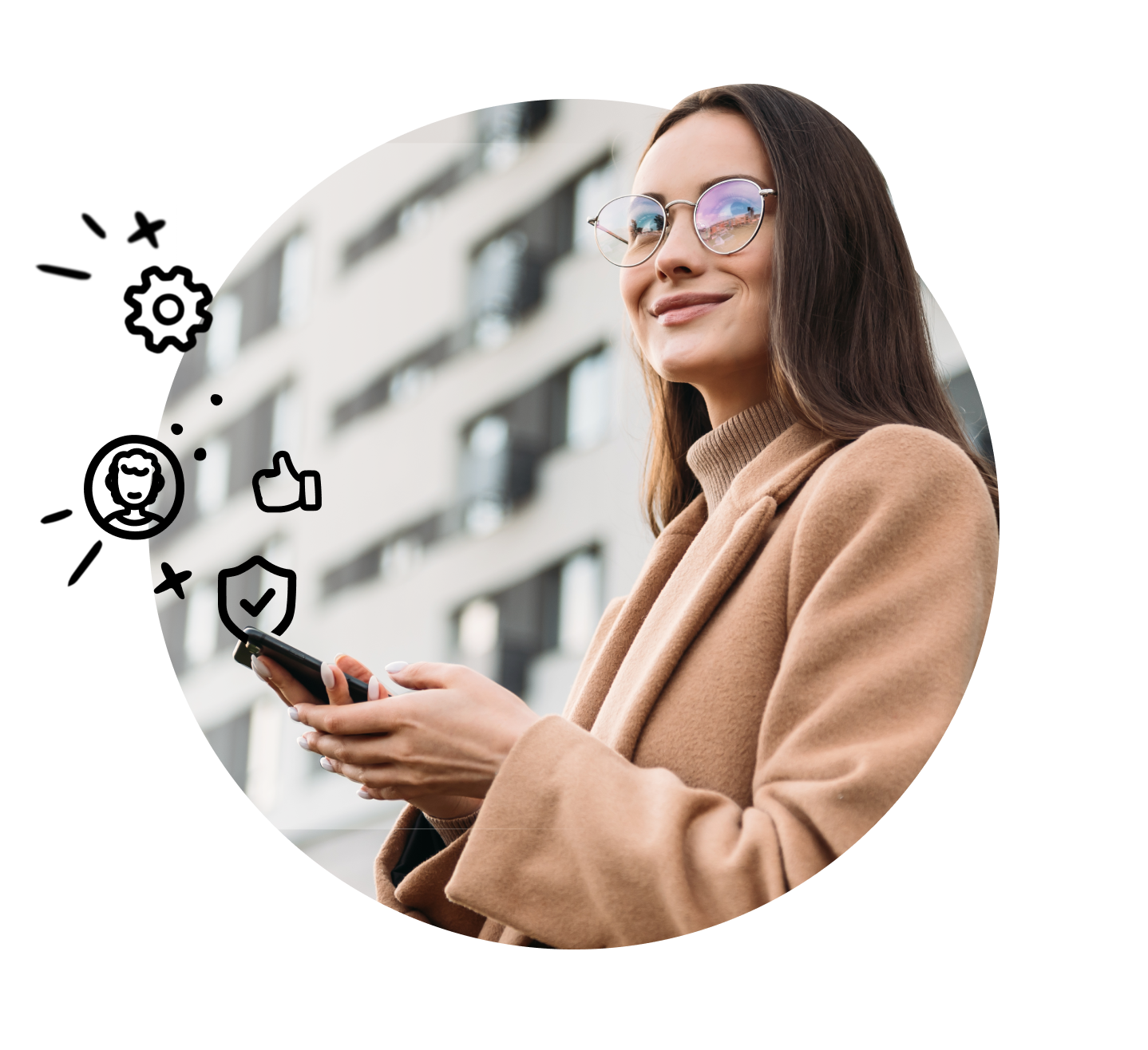 Woman on her phone with icons flying out